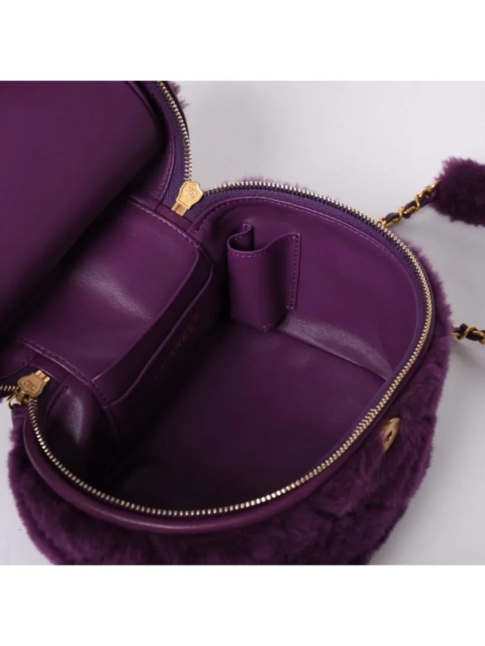 Chanel CC Logo Vanity 2-Way Shoulder Bag Shearling Purple Gold